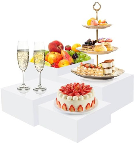 Kaxtde Large Buffet Risers Set of 4, White Acrylic Food Display Stands for Buffet Table, Cupcake Dessert Catering Display Cube Risers for Jewelry Cakes (7, 8, 9, 10 inch)
