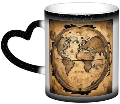 KOUUIP Taza de té de cerámica de 325 ml con impresión de globo terráqueo del mundo antiguo, taza de café sensible al calor