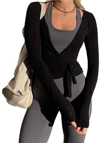 Cusghjbsg Women’s Cross Wrap Tie Tops Y2K Solid Color Long Sleeve Deep V Neck Ruched Hem Slim Fit T-Shirts Yoga Pilates Workout Blouses (Black A, L)