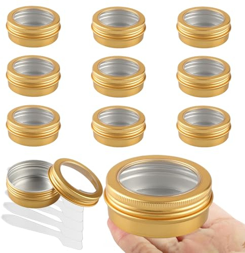 10 Pcs 60ml Gold Round Aluminium Tin, LusDoly Aluminum Tins with Screw Lids Clear Window, Aluminum Tin Cans, Lip Balm Tins, Small Metal Tins Pots Container for Candle Salves Cream