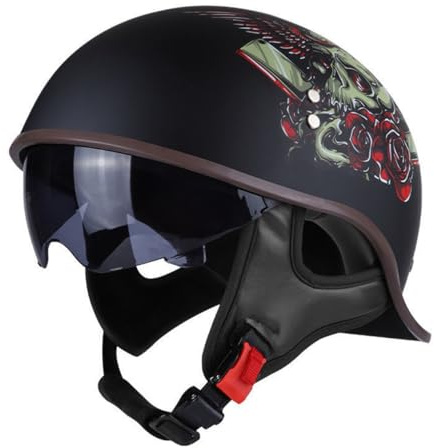 German Style Retro Baseball Cap Motorcycle Helmet Open Face v Helmet with Visor Adults Skull Cap Half Shell Motorcycle Helmet Cruiser Moped v Jet Helmet for Men Wome DOT Approved(C,X-Large)