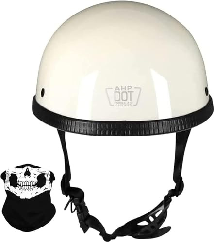 Small Cool Skull Cap Motorcycle Half Shell Helmet for Men Women DOT Approved Vintage Light Beanie Motorbike Half Helmet for Adult Cruiser Moped Novelty Comfortable Cap(Gloss White,Large)