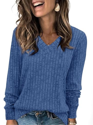 Fisoew Maglione Leggero a Maniche Lunghe con Scollo a V da Donna Elegante Pullover in Maglia a Costine Felpa | casual, maglione lavorato a maglia, vestibilità larga, pullover, oversize, felpa, a maniche lunghe, camicetta