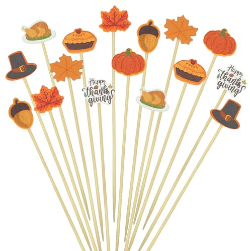200PCS Thanksgiving Wooden Cocktail Picks Cupcake Toppers – Turkey Day Fall Give Thanks Appetizer Fruits Sticks Toothpicks Party Supplies Decorations