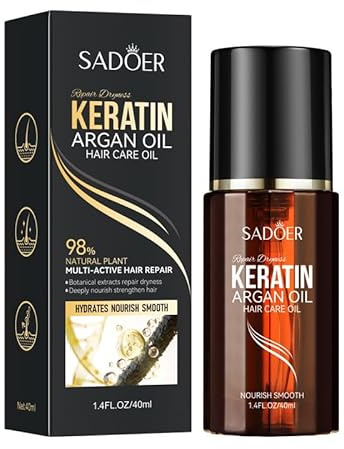 SADOER Huile capillaire à la kératine à l'argan, 40 ml, parfum longue durée avec niacinamide, traitement réparateur capillaire multi-actif