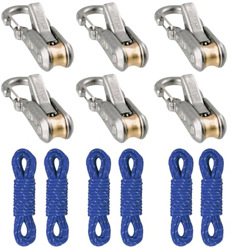 Tenditore a rullo con bloccaggio a camma, strumento di tensionamento fune, corde di ancoraggio pesanti, moschettone per teloni, campeggio e outdoor (6 fili blu, 6 corde)