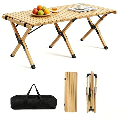 SOARS Tavolo da Campeggio Pieghevole 4-6 Posti, 122 x 60 cm (Naturale) | Tavolino Picnic con Piano Arrotolabile da Esterno in Legno Salvaspazio, con Borsa Trasporto per Giardino, BBQ e Parco