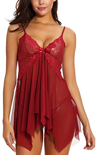 SEDEX Baby Doll Nightwear Lace Black Sexy Lingerie Sleepwear See Through, Red, XL