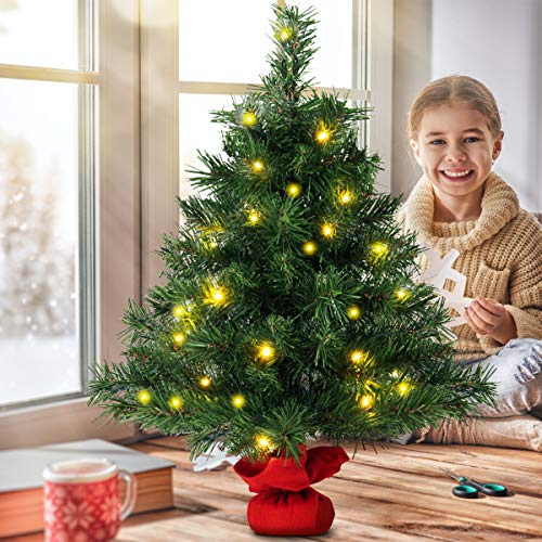 COSTWAY 60CM/90CM Pre Lit Christmas Tree, 2FT/3FT Table Top Artificial Xmas Tree with Base, LED Lights, Small Indoor Christmas Decoration and Gift (2FT, Green With 35 Lights)