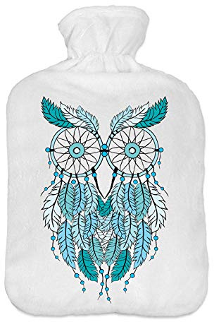 Wärmflasche mit Pullover Bezug 2 Liter Bettflasche mit schönen Fleece-Druck Bezug Gummi Wärmflasche mit Deckel Traumfänger-Eule [092]