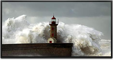 Leuchtturm im Meer ca. 130x70cm Wandbild inklusive Schattenfugenrahmen schwarz - Panorama Leinwand Bild XXL Format Wandbilder Wohnzimmer Wohnung Deko Kunstdrucke