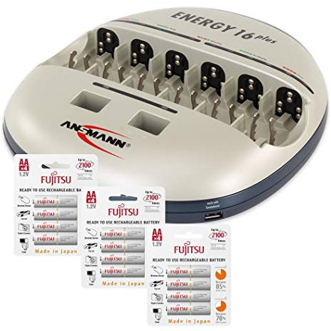 ANSMANN Cargador de batería individual Energy 16 Plus para baterías recargables NiMH AAA, AA, C, D, 9V con puerto USB, incluye 12 pilas recargables Fujitsu AA 2000 mAh