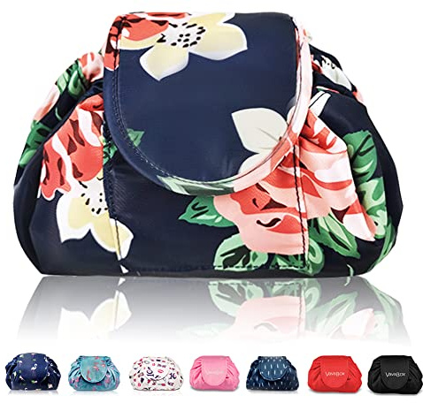 Vavabox Lazy Drawstring Makeup Bag, Flat Lay Cosmetic Bags (Floral) | Large Capacity Waterproof Storage Organiser, Portable Make Up Bags for Women Girl Holiday, Fold Out Lay Flat Design