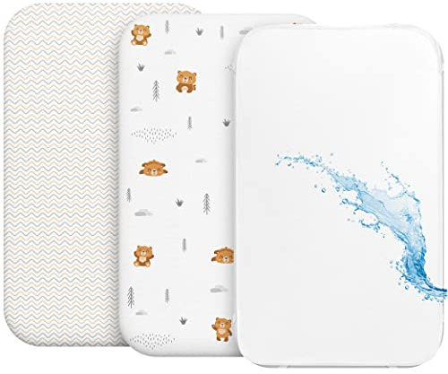 Spännlakan Cododo (2 st) + 1 vattentätt madrassöverdrag med resår - 3-i-1 - Storlek 50x83 cm - Kompatibel med spjälsängar, vaggor och vaggor - För flickor och pojkar - orange mönster