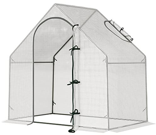Outsunny Walk In Tomato Greenhouse Garden Outdoor Mini Greenhouse Flower Planter Steel Frame with Zipped Door & Window, PE Cover, 180 x 100 x 168CM, White