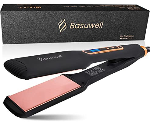 Basuwell Hair Straighteners Digital Display Flat Iron for Thick Hair Six-Speed Temperature Control Salon Grade Ceramic Fast Hair Styler UK Plug for Women, Black