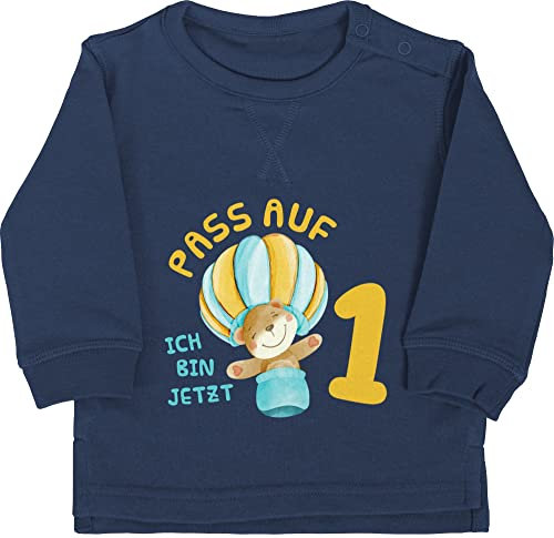 Shirtracer Baby Pullover Jungen Mädchen - 1. Geburtstag - Pass auf ich Bin jetzt eins Bär Heißluftballon - 12/18 Monate - Navy Blau - geburtstagsshirt 1 einjährige Pulli Jahr 1geburtstag Sweatshirt