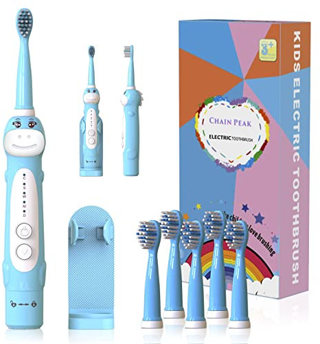 Spazzolino da denti con dinosauro, spazzolino elettrico Sonic per bambini, ragazzi e ragazze dai 3 ai 12 anni, promemoria 30 secondi, timer 2 minuti, 5 modalità, 6 testine, ricaricabile