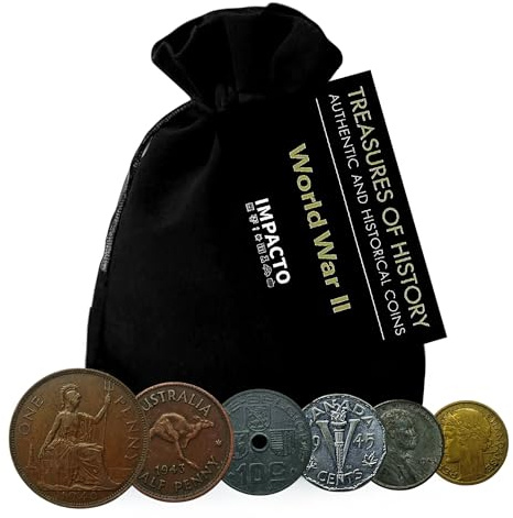 IMPACTO COLECCIONABLES | Día D, Desembarco de Normandía Colección de 6 Monedas Auténticas de la Segunda Guerra Mundial - Lote Histórico Original en Bolsa de Terciopelo con Certificado de Autenticidad.