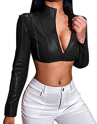 NLAVW Veste de Moto Courte Taille Moyenne en Cuir texturé pour Femme,Noir,L
