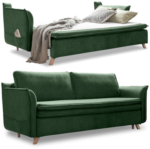 MIUFORM Charming Charlie Slim mit Bettkasten | 3 Sitzer Sofa | 225 x 90 x 85cm Couch | Klappsofa mit Schlaffunktion (Grün)