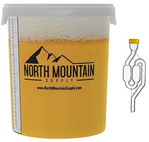 North Mountain Supply 8 gallon graderad jäsningshink med dubbel bubbelluftsluss och genomföring