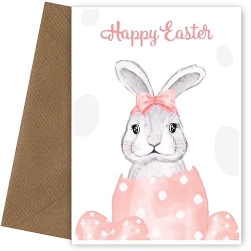 Aquarell-Osterkarte für Mädchen jeden Alters – Osterkarte für Tochter, Enkelin, Nichte, Schwester, Cousin oder Kleinkind | Eine niedliche Grußkarte zum 1. Ostern zeigt einen Hase in rosa Eiern