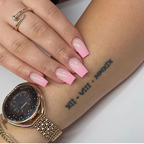 TMUT 24pcs Short False Nails Square Stick on Nails Pink Gradient Press on Nails, French Tip False Nails, Removable Glue-on Nails Fake Nails Nail Art Accessories, 1 ml