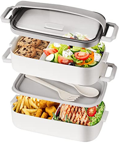 Beeptrum Bento Box Pranzo per Adulti, Impilabile con 2 Scomparti, Include Set di Utensili, Contenitore a prova di perdite, Sicuro per Microonde e Lavastoviglie, BPA-Free 1600ML Bianco