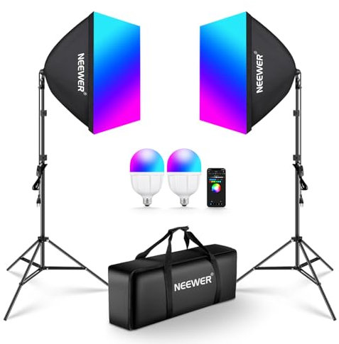 NEEWER Kit d'Éclairage Softbox 24 RGB avec App Contrôle, Lumière Softbox Studio LED 24W avec 9 Modes d'Effet pour Photographie, Certifiées CE/UKCA CRI93+ TLCI98+, Douilles en Porcelaine E27, NK800