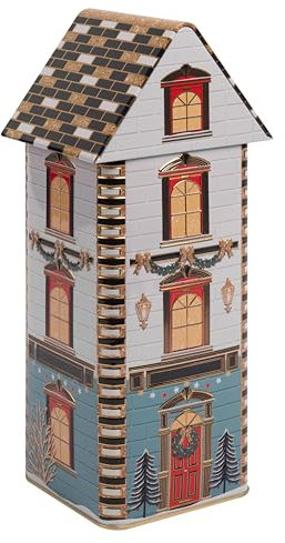 Scatola di latta Paris Christmas House, decorazione natalizia o per biscotti e pan di zenzero, per alimenti, 9,5 cm x 9,5 cm x 27,5 cm, edizione natalizia con 2 ricette