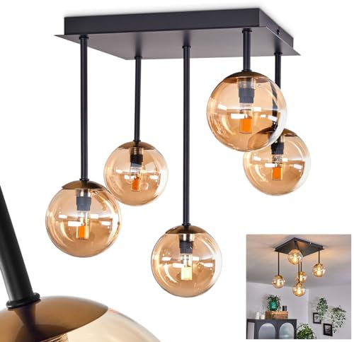 Deckenleuchte Chehalis, Deckenlampe aus Metall/Glas in Schwarz/Goldfarben/Bernsteinfarben, Leuchte im Retro/Vintage-Design mit Schirmen aus Glas (Ø 10 cm), 5 x G9 LED, ohne Leuchtmittel