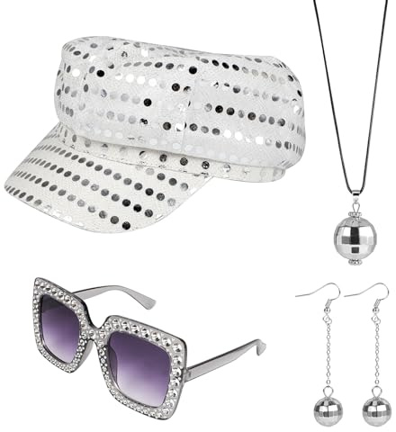 XEPST 70er Jahre Outfit Damen mit Pailletten Hut Ohrringe Discokugel Halskette Disco Sonnenbrille Strass Glitzer Accessoires für Karneval Fasching Disco Themenparty Mottoparty