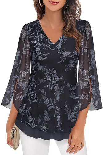 Damenblusen Elegant 3/4 Arm Schwarz Lang Festliche Tunika Damen Lang Curvy Mode Abendmode Raffinierte Damen Oberteile Dreiviertelarm Bluse Verspielt Damenshirts Lässig Shirt mit Rüschenärmel,XXL