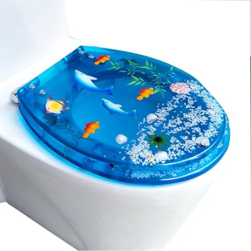 Toilettensitz aus Kunstharz, rund, mit Absenkautomatik, Schnellverschluss, 3D-Effekte, robuste Toilettensitze mit blauem Fisch- und Muschelbezug, transparente Komfort-Toilettensitze (Color : G)