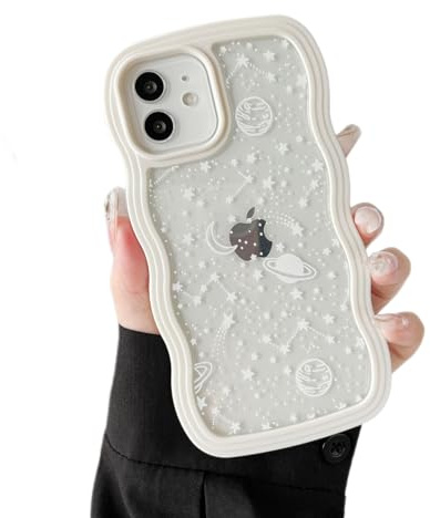 ZTOFERA Hülle für iPhone 12/12 Pro, Klar Schutzhülle mit Planeten Sterne Mond Muster, Harte PC Buntes Niedliche Lockige Wellen Rahmenform Weiche Silikon Hülle Stoßfest Bumper Cover, Creme