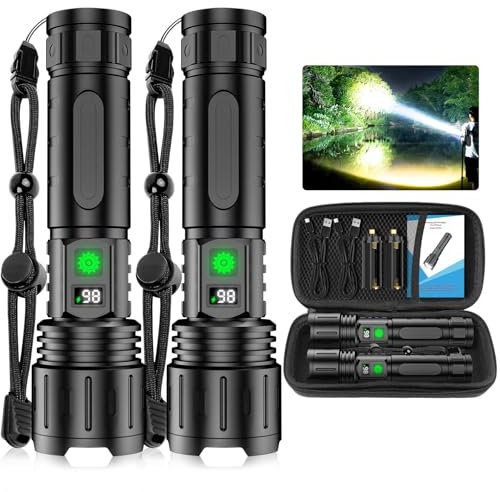 Banral Flashlights High Lumens Rechargeable - 5000mAh Super Bright Powerful LED Flashlight with 5 Modes Waterproof Handheld Flash Light for Home,Camping,Car, Zoomable,Power Display (2Pack Black)