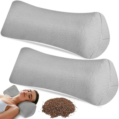 DoubleFill 2pcs Buckwheat Neck Support Pillow Cervical Pillow for Pain Relief Adjustable Buckwheat Hulls Breathable Support for Side Back Sleepers Lunch Break 15x6 Inch(Gray,Plush)
