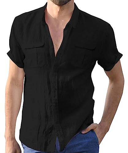 MOKBAY Chemise Homme en Coton et Lin Manches Courtes Ete Grande Taille Chemisette sans Repassage avec Poche