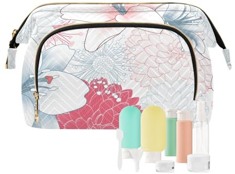 FRODOTGV Trousse de toilette de voyage, trousse de toilette de voyage, pinceaux de maquillage, essentiels, porte-monnaie pour femme, fleurs de lys et de dahlia, blanc, Fleurs de lys et de dahlia