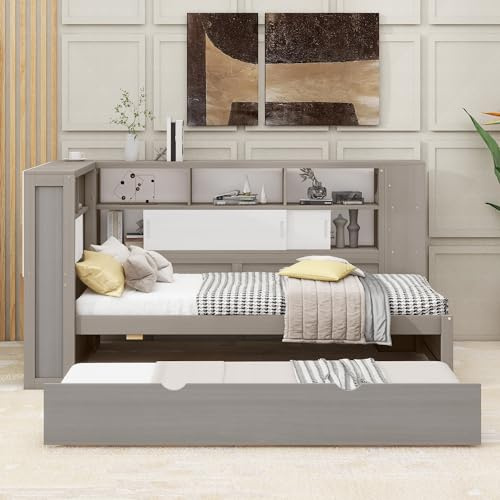 Rtopsu Kinderbett Schlafsofa Tagesbett 90x200 cm mit Ausziehbares Bett und USB-Type-C, Bett mit Stauraum Regal und Lattenrost aus Holz für 1-2 Erwachsene und Kinder, Grau, Ohne Matratze