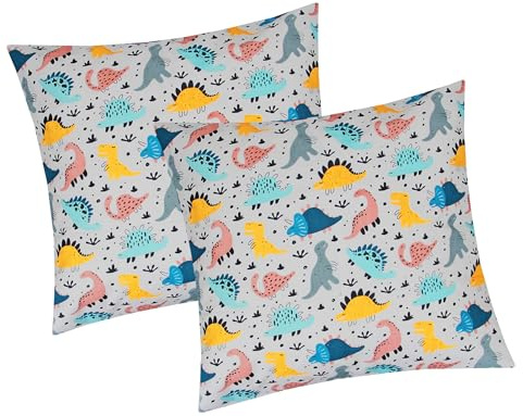 Renforcé Kissenbezug 2er Set 40x40cm Dinos Dinosaurier (KY-Dino-Grau-40x40) | Kopfkissen-Bezug, Kissenhülle, Dekokissenbezug in 100% Baumwolle, Kinder