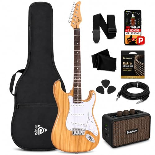 Pyle Electric Guitar and Amp Kit - Full Size 39 Complete Starter Kit with Wearable Bluetooth Amplifier, 1/4” Cable, Carry Case, Strap, Strings, Picks, Cleaning Cloth, ST-Style Pickups (Natural)