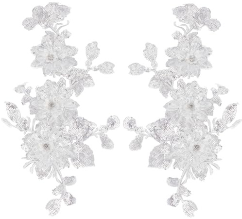 CABODYALS 2 Stück 2 Stile 3D Stickerei Applikation Mit Blumenmuster Weiße Spiegel Pailletten Spitzenapplikationen Vintage Blumen Strassperlen Aufnäher Zum Aufnähen Herstellen von Kleidung Hochzeit Bas