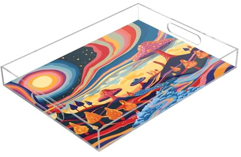 Plateau de service rétro en acrylique avec poignées - Motif paysage psychédélique - Pour table basse, cuisine, salle de bain