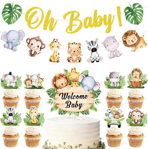 Losuya Bannière « Oh Baby » - Motif animaux de la jungle - Forêt sauvage - Bannière de bienvenue pour gâteau de bébé - Décorations de fête prénatale