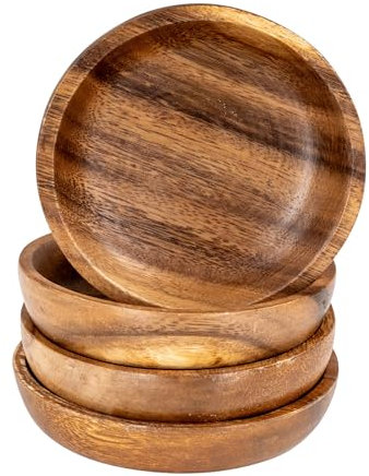 levandeo Juego de 4 platos redondos de madera de acacia de 10 cm de diámetro, platos de madera de acacia, hechos a mano, decoración única