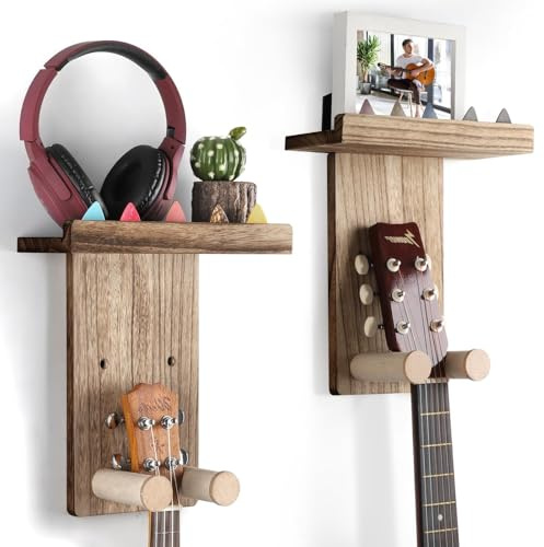VINCOURNA Soporte Guitarra Pared, Colgador Guitarra Pare Juego de 2, Soporte Pared Guitarra para Guitarra Acústica, Guitarra Española, Bajo Eléctrico, Guitarra Eléctrica, Ukelele - Negro Carbonizado