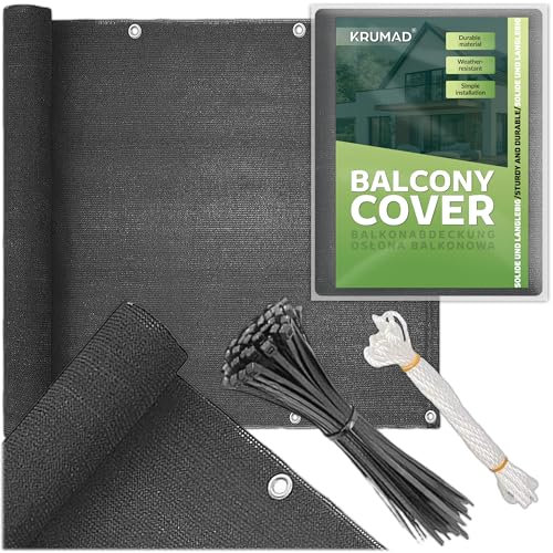 KRUMAD Balkon Sichtschutz 0,9m x 5m, Wetterfest, 95% Schattierung,180g/m² PEHD, UV- & Windschutz, für Terrasse, Garten & Zaun, Inkl. Kabelbinder & Schnur, Anthrazitgrau