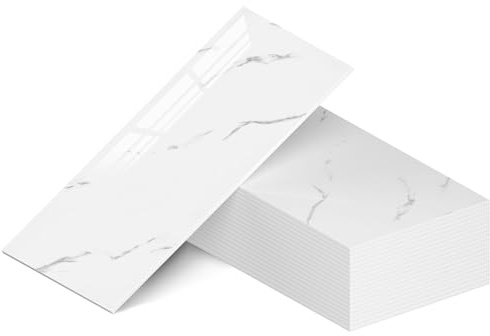 WADILE Lot de 20 panneaux muraux imperméables en marbre à décoller et à coller – Carreaux de dosseret en PVC pour cuisine, salle de bain, salon, chambre à coucher, blanc – 60 x 30 cm